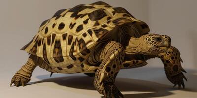Leopard Tortoise showcases its unique spotted shell while standing alone against a plain white background illuminated with bright light to enhance its features. photo