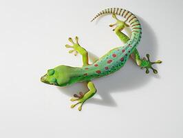 Madagascan Day Gecko showcases bright green skin and striking red markings while firmly gripping a surface. The isolated setup highlights its vivid colors against a pure white backdrop. photo