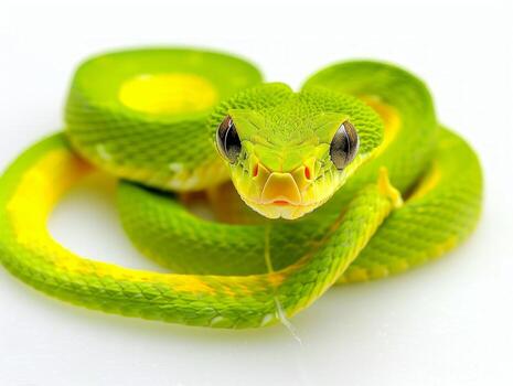 Madagascan Leaf nosed Snake coiled on soft white surface vibrant green and yellow scales gleaming under diffused lighting highlighting its distinctive leaf shaped snout. photo