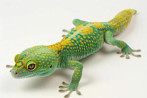 Madagascar Day Gecko with striking green skin clings to a surface under bright high key lighting. photo