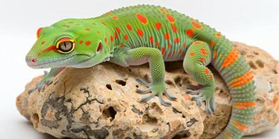 Madagascar Giant Day Gecko showcases bright green skin with striking red markings as it clings to a textured rock on a clean white background. photo