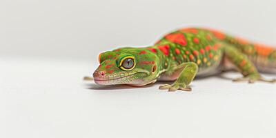 Madagascar Giant Day Gecko with striking green skin and red patterns clings surface captured with macro techniques against a white background showcasing its vibrant colors. photo