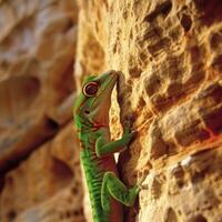 Madagascar Giant Day Gecko displays its striking green skin and red markings while clinging to a textured surface illuminated by bright high key lighting. photo