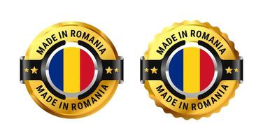 Made in Romania logo a gold circle with a picture of a flag in the middle. For icon, stamp, label, badge, mark, sign, seal, sticker, symbol, etc. Modern and minimalist. Illustration vector