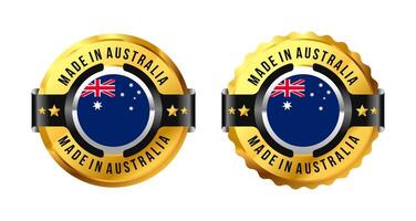 Made in Australia. Australian Made icon label a gold circle with a picture of a flag in the middle. For icon, stamp, label, badge, mark, sign, symbol, etc. Modern and minimalist. Illustration vector