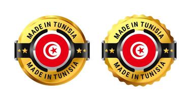 Made in Tunisia logo a gold circle with a picture of a flag in the middle. For icon, stamp, label, badge, mark, sign, seal, sticker, symbol, etc. Modern and minimalist. Illustration vector
