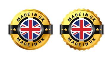 Made in UK logo a gold circle with a picture of a flag in the middle. For icon, stamp, label, badge, mark, sign, seal, sticker, symbol, etc. Modern and minimalist. Illustration vector