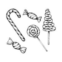 Hand drawn set of illustrations of lollipops and candy canes. Festive sweets arranged in a wreath shape for Christmas designs, cards, decorative prints for confectioners, bakeries vector