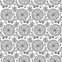 Seamless pattern with hand drawn elements of dried orange slices, cinnamon sticks, cloves and star anise. Perfect for holiday, winter and culinary design, wrapping paper for bakery, pastry shop vector