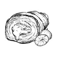 A detailed hand drawn illustration of croissant with hazelnuts. Black and white sketch showcasing the flaky texture and nut filling. Ideal for bakery, food packaging or culinary design projects vector