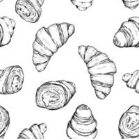 Seamless pattern of hand-drawn croissants. whole and cut. Detailed illustration in sketch style of fresh pastries. Ideal for bakery design, wrapping paper, kitchen textiles and food packaging vector