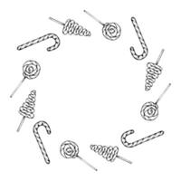 Hand drawn illustration of a round frame of lollipops and candy canes. Festive sweets arranged in a wreath shape for Christmas designs, cards, decorative prints for confectioners, bakeries vector
