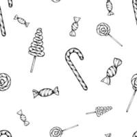 Seamless hand drawn ink pattern of lollipops and candy canes. Festive sweets background for Christmas designs, prints for confectioners, bakeries packaging, wrapping paper, textile vector