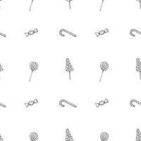 Seamless hand drawn ink pattern of lollipops and candy canes. Festive sweets background for Christmas designs, prints for confectioners, bakeries packaging, wrapping paper, textile vector