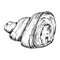 Hand drawn black and white illustration of the inner layers and filling of a croissant. Sketch showing the layered, rolled texture of French dough. Ideal for bakery, food or culinary design. vector
