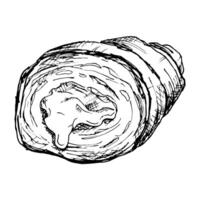 A hand-drawn illustration of a croissant slice, showcasing the layers of the pastry. Black and white sketch, ideal for bakery, food design, and culinary projects related to French cuisine vector