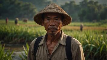 An asian man wearing a hat stands in a rice field photo