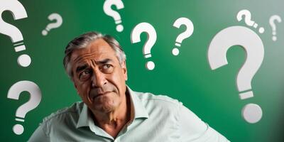 Man with question marks on green background photo