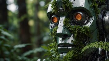 A robot head with green leaves on it photo