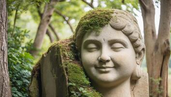 A statue of a buddha is covered in moss photo