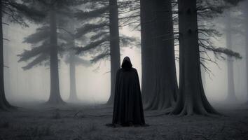 A person in a black cloak standing in the middle of a forest photo