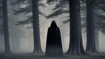 A dark figure in a black cloak stands in the middle of a forest photo