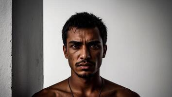 A man with no shirt on standing in front of a wall photo