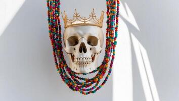 A skull with a crown on a wall with colorful beads photo