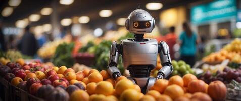 A robot standing in front of a produce stand photo