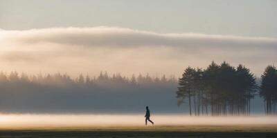 A person walking in the foggy field photo