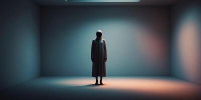A man standing in an empty room with a light coming from the ceiling photo