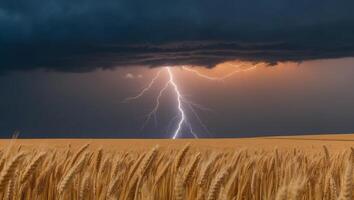 A lightning bolt strikes through a wheat field photo