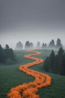 A path of orange flowers in a foggy field photo