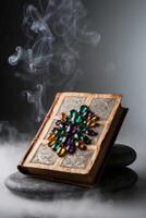 An old book with smoke coming out of it photo