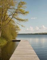 A dock extends into the water near a tree photo