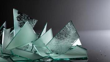 Broken glass on a table with a reflection of the broken pieces photo