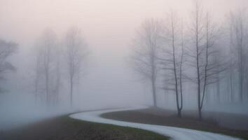 A foggy road in the middle of a field photo