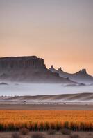 A foggy morning in the desert with mountains in the background photo