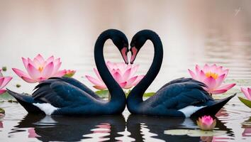 Two Black Swans Forming a Heart in a Pond with Pink Lotus Flowers. photo