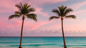 Two palm trees on a beach with a pink sky in the background and the ocean in the foreground. photo