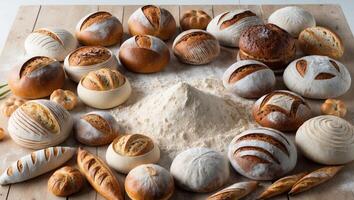 Variety of artisan breads arranged around flour on wooden table. photo