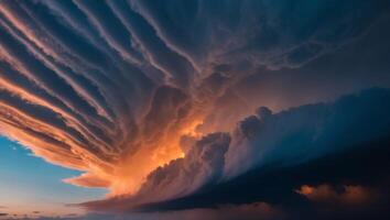 Vivid storm clouds at dusk displaying striking colors of orange and blue. photo