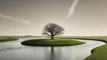A Solitary Tree on a Small Island with a Winding River. photo