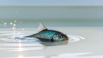 A tight shot of a fish with its head breaking the water's surface. photo