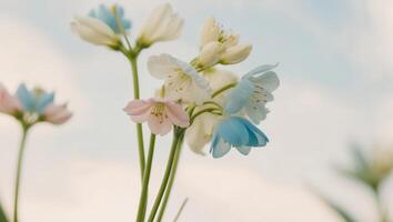 A tight shot of a cluster of flowers with a softly blurred sky in the background. photo