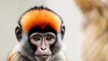 A tight shot of a monkey's face with an orange and black tuft of fur on its head. photo
