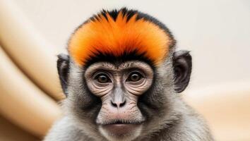 A tight shot of a monkey's face with an orange and black tuft of fur on its head. photo