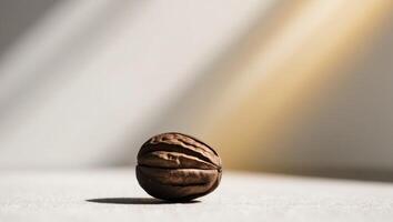 A tight shot of a walnut on the ground with a blurred background behind it. photo