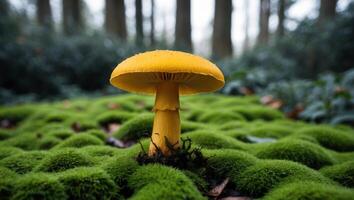 A tight shot of a yellow mushroom atop mossy ground Surrounding scenery of trees and bushes softly blurred. photo