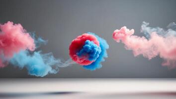 Blue and Pink Smoke Clouds on Gray Background with Red and Blue Middle Cloud. photo